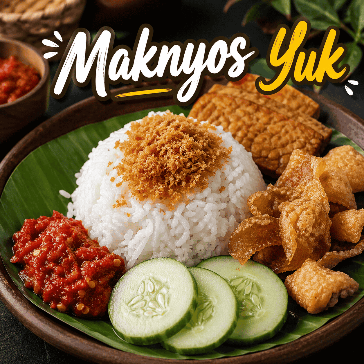 Maknyos Yuk dengan nasi, kulit ayam crispy, dan sambal